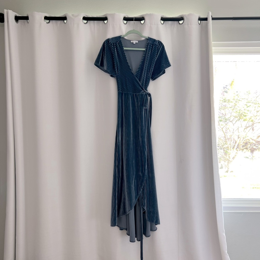 Baltic Born Teal Velvet Striped Wrap Dress